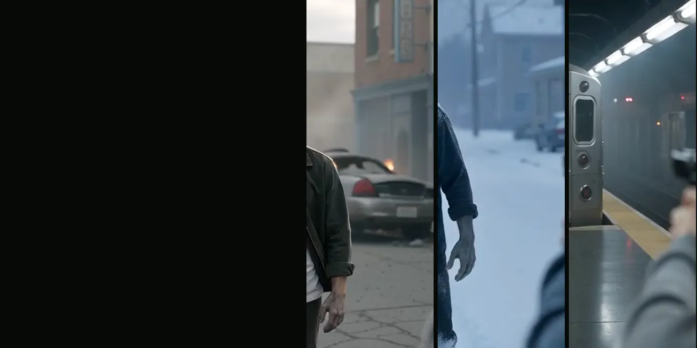 Three of our five worlds: a ruined street, a snowed-in town and a subway platform, each with the zombie walking in