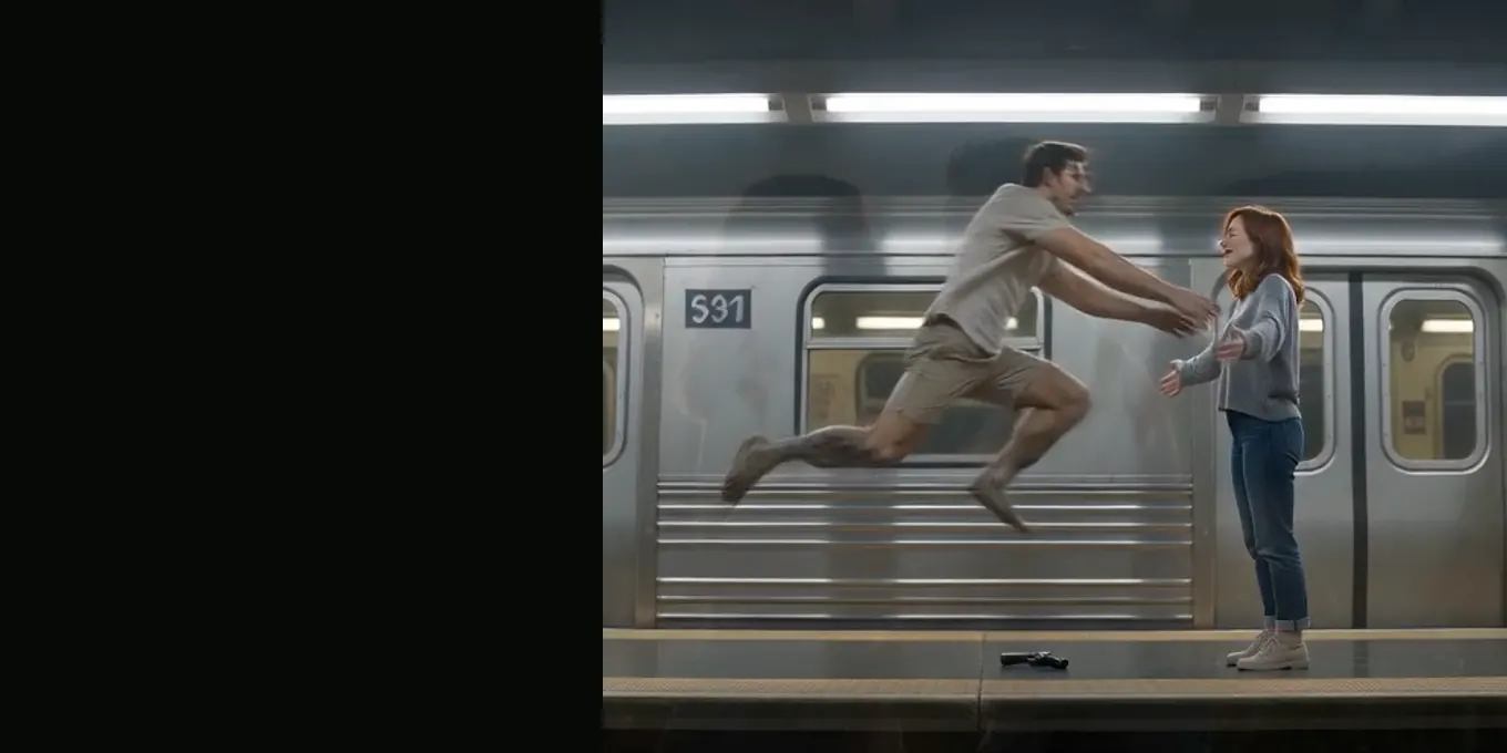 The leap on a subway platform at the moment it dissolves into the sunny meadow