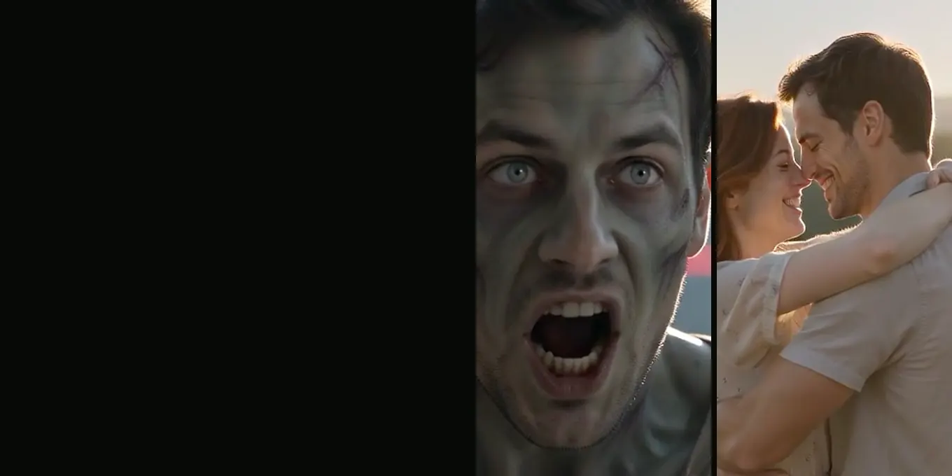 The zombie close-up in an empty mall and the hug in the meadow, from our render